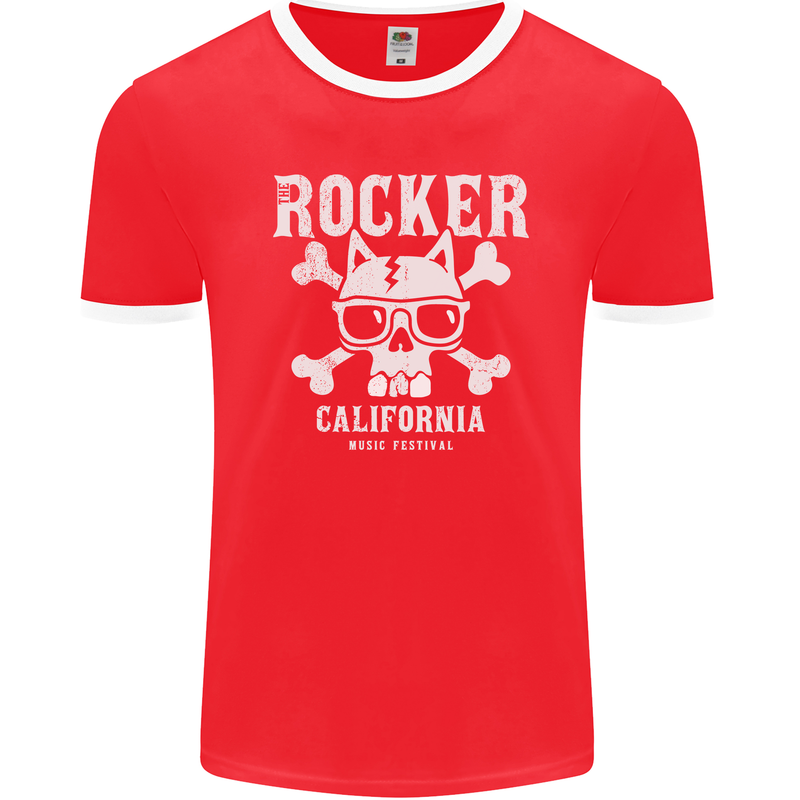 The Rocker Rock n Roll Music Skull Mens Ringer T-Shirt FotL Red/White