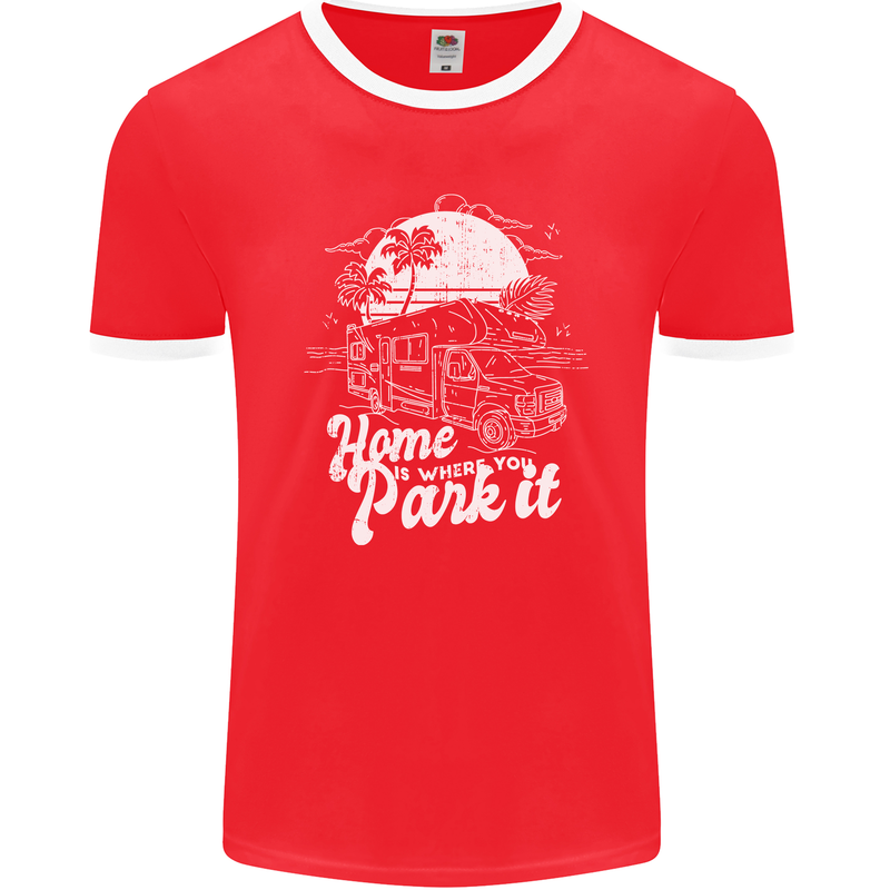 Home Is Where You Park It Funny Caravan Mens Ringer T-Shirt FotL Red/White