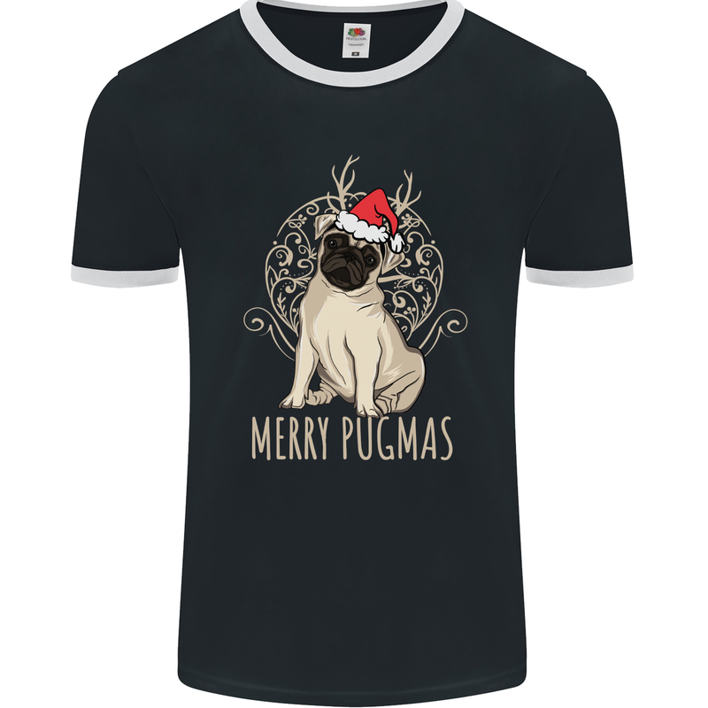 Merry Pugmas Funny Christmas Pug Mens Ringer T-Shirt FotL Black/White