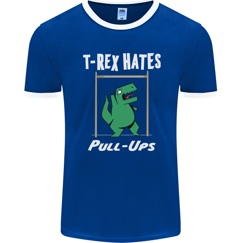 T-Rex Hates Pull Ups Gym Funny Dinosaurs Mens Ringer T-Shirt FotL Royal Blue/White