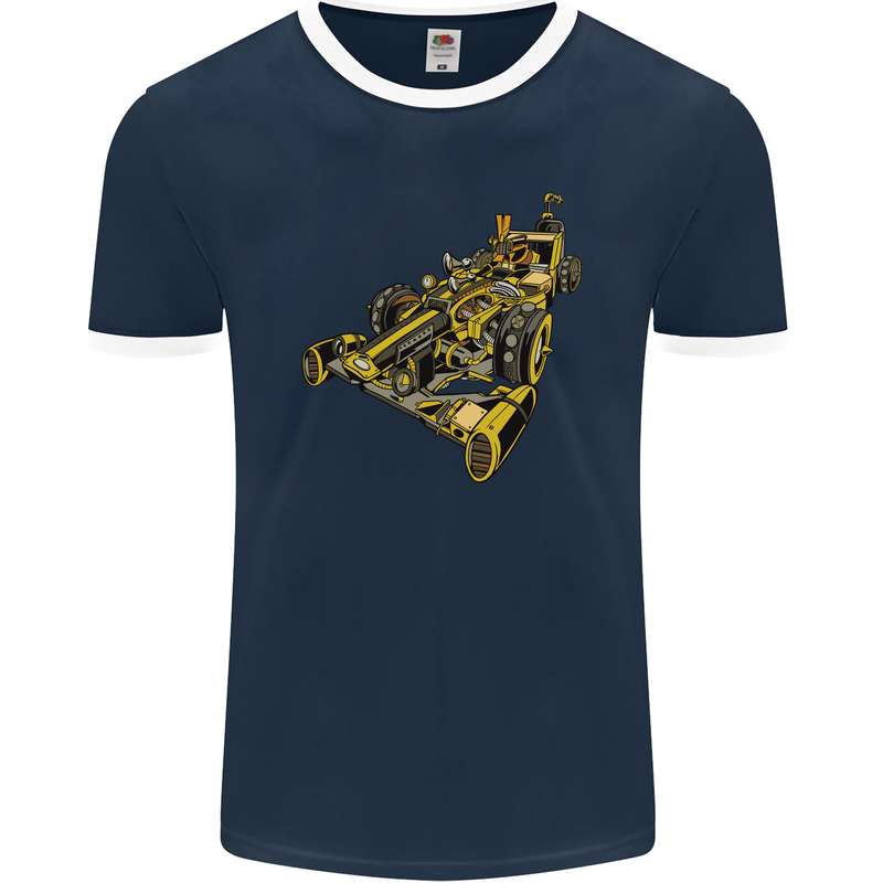 Steampunk Racing Car Mens Ringer T-Shirt FotL Navy Blue/White