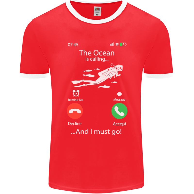 The Ocean Is Calling Scuba Diving Diver Mens Ringer T-Shirt FotL Red/White