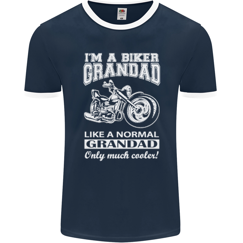 Biker Grandad Motorbike Grandparents Day Mens Ringer T-Shirt FotL Navy Blue/White