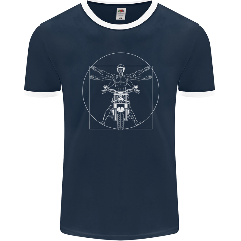 Vitruvian Biker Motorcycle Motorbike Mens Ringer T-Shirt FotL Navy Blue/White