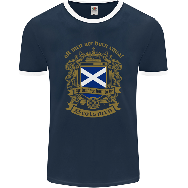 All Men Are Born Equal Scotland Scottish Mens Ringer T-Shirt FotL Navy Blue/White