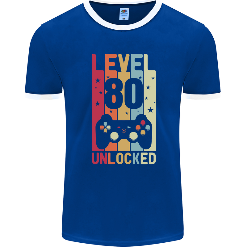 80th Birthday 80 Year Old Level Up Gamming Mens Ringer T-Shirt FotL Royal Blue/White