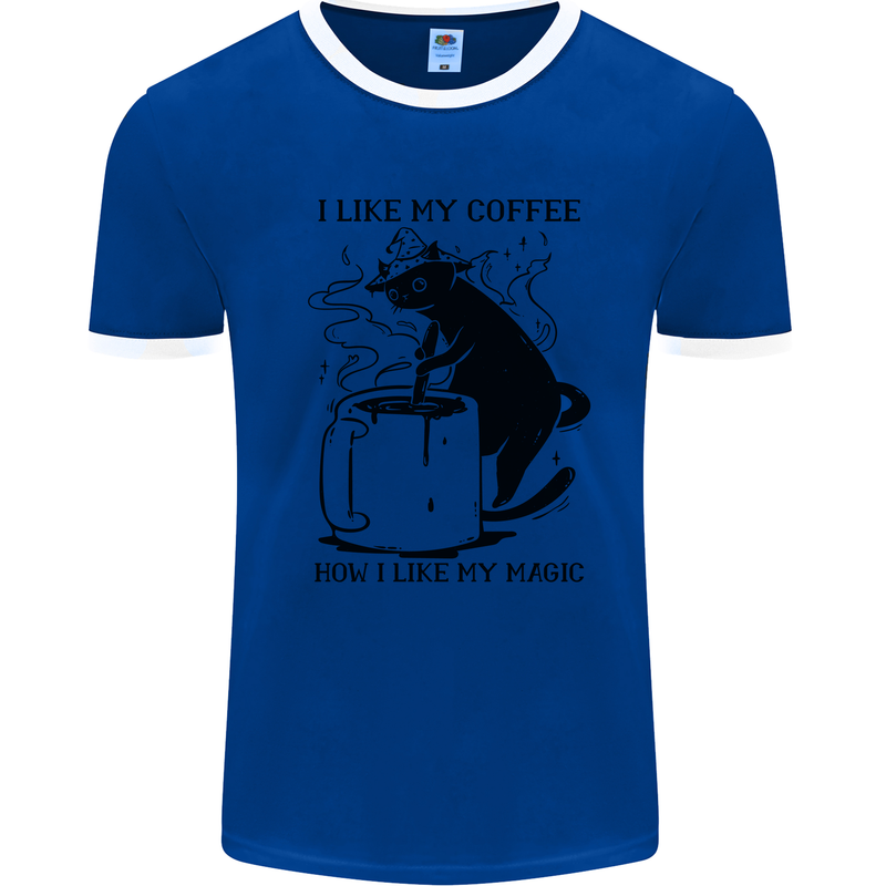 Black Cat Halloween Funny Coffee Mens White Ringer T-Shirt Royal Blue/White