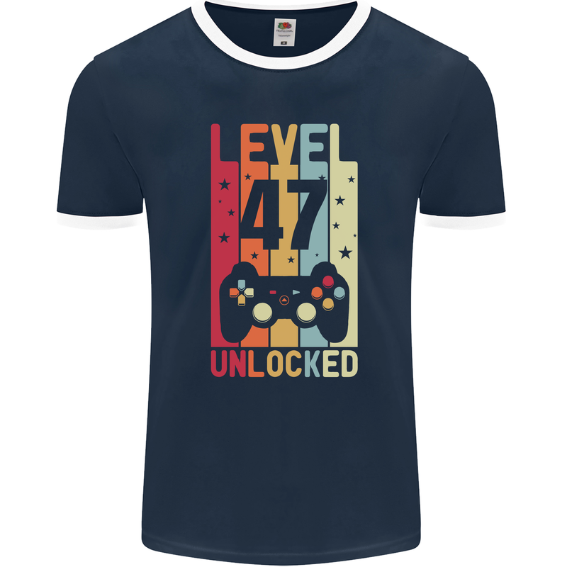 47th Birthday 47 Year Old Level Up Gamming Mens Ringer T-Shirt FotL Navy Blue/White