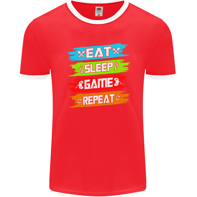 Eat Sleep Game Funny Gamer Gamming Mens Ringer T-Shirt FotL Red/White