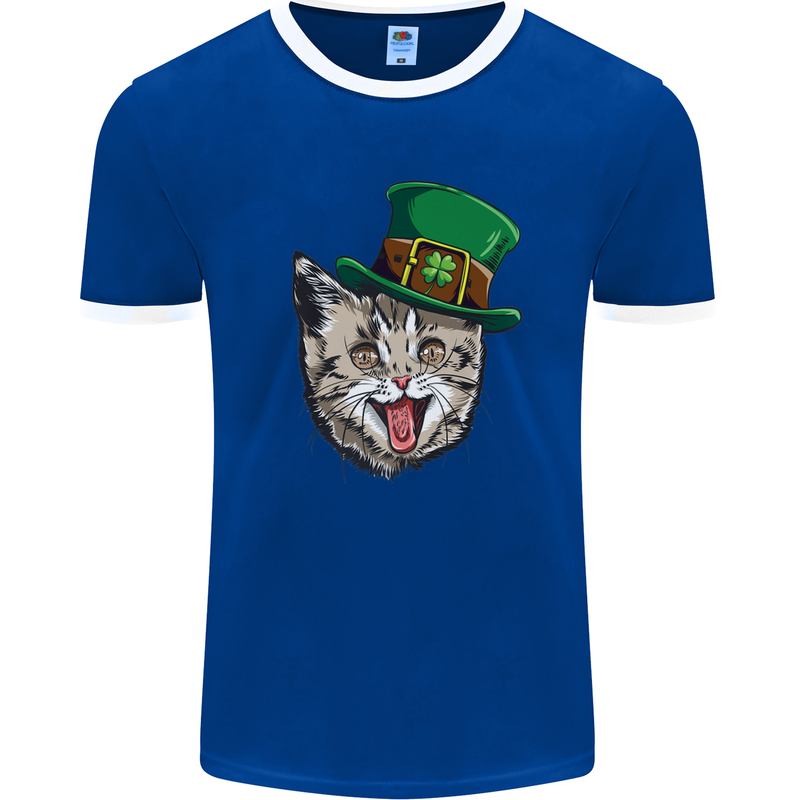 St Patricks Day Cat Funny Irish Mens White Ringer T-Shirt Royal Blue/White