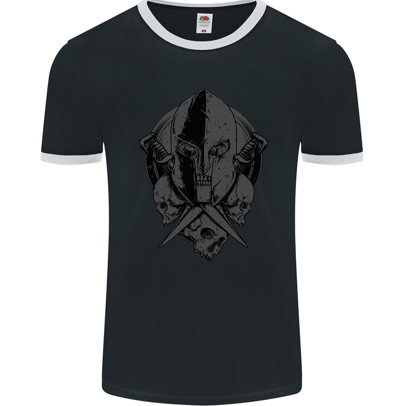 Spartan Skull Roman Helmet Gym MMA Mens Ringer T-Shirt FotL Black/White