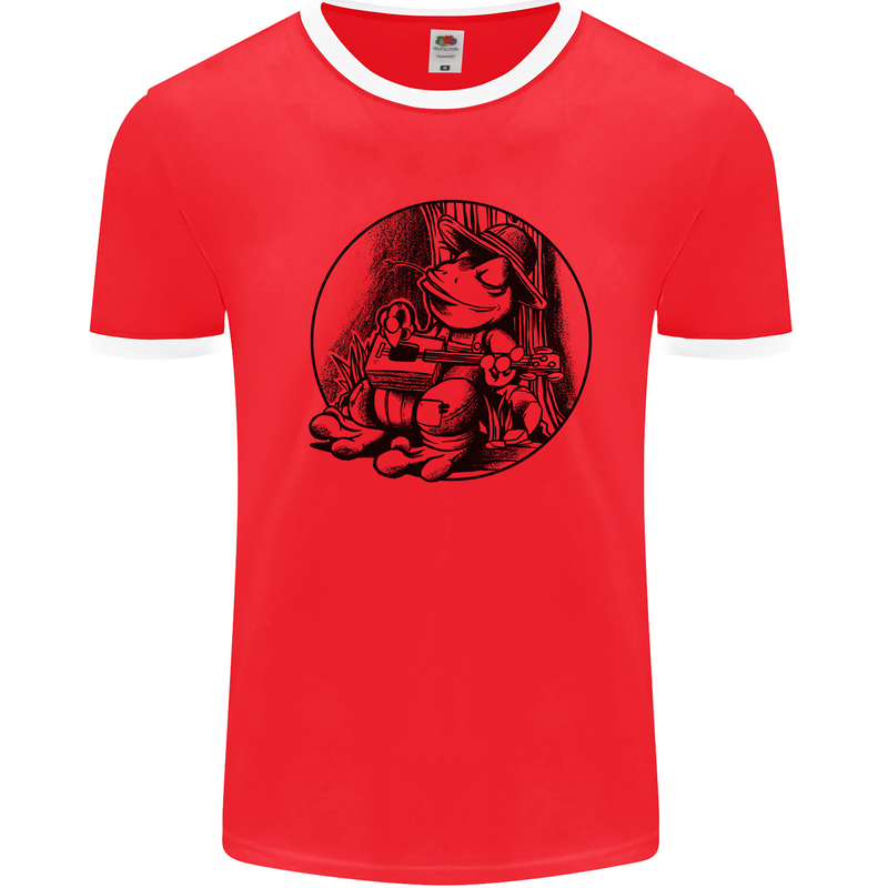 A Chilled Frog Playing the Guitar Guitarist Mens White Ringer T-Shirt Red/White