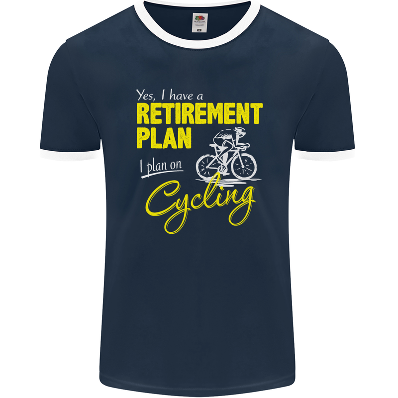 Cycling Retirement Plan Cyclist Funny Mens Ringer T-Shirt FotL Navy Blue/White