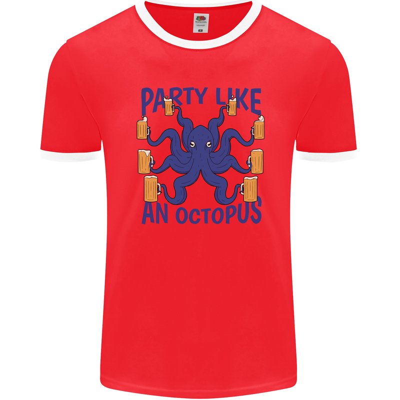 Beer Party Octopus Scuba Diving Diver Funny Mens Ringer T-Shirt FotL Red/White