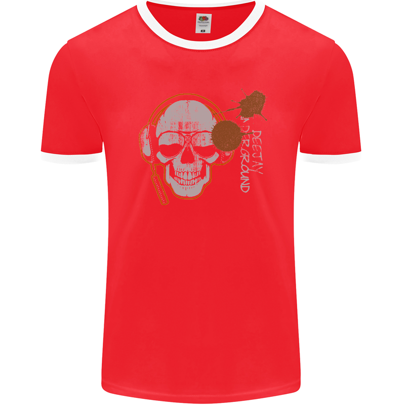 Underground DJ Skull DJing Music Mens Ringer T-Shirt FotL Red/White