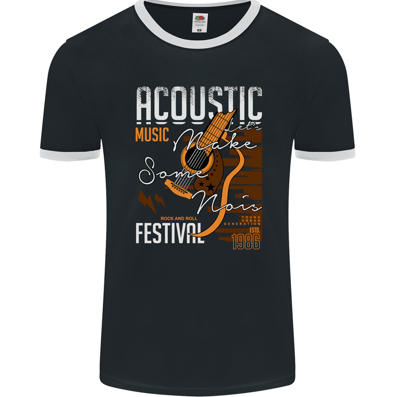 Acoustic Music Country & Western Guitar Mens Ringer T-Shirt FotL Black/White