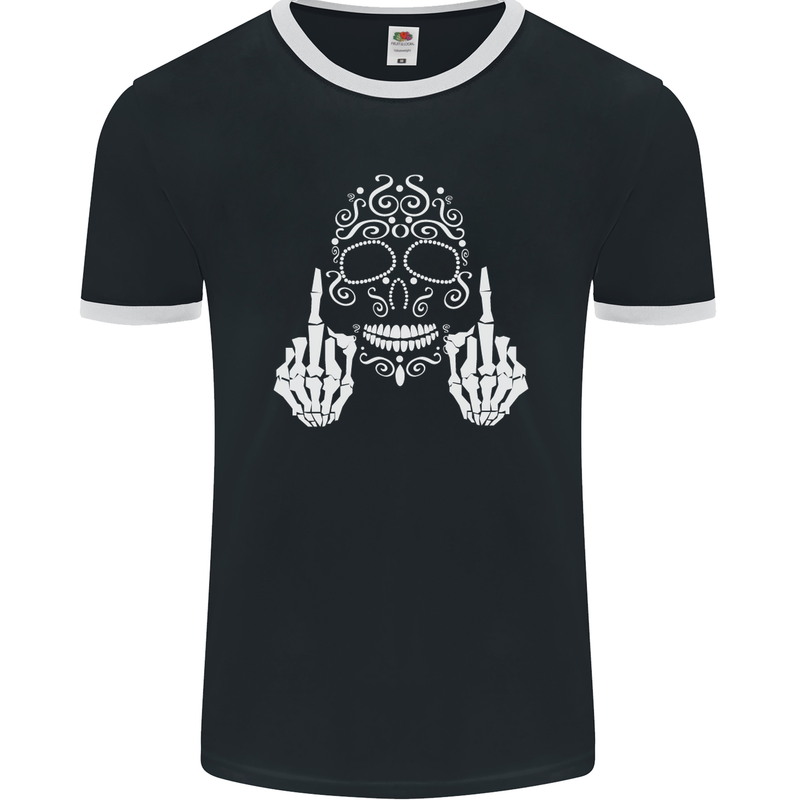 Sugar Skull Finger Flip Rude Offensive Mens Ringer T-Shirt FotL Black/White