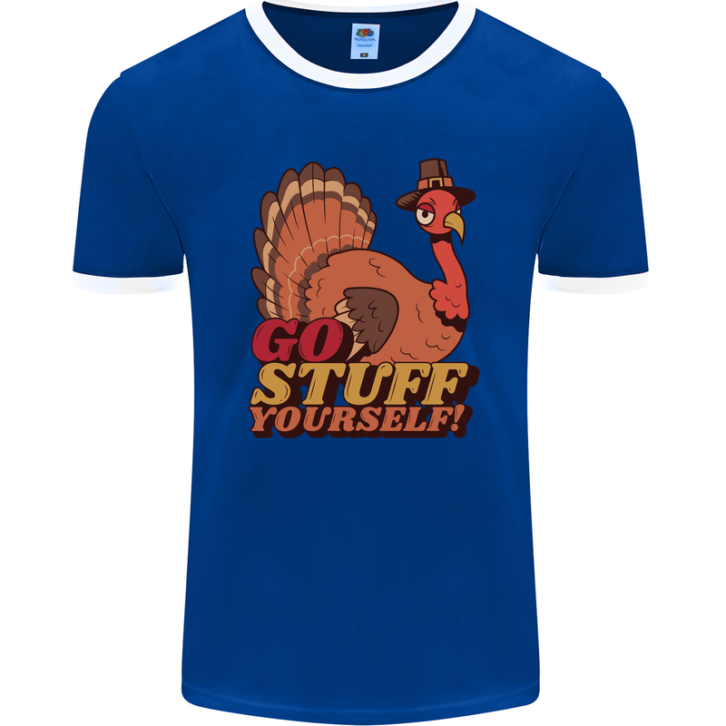 Stuff Yourself Funny Vegetarian Vegan Turkey Mens Ringer T-Shirt FotL Royal Blue/White