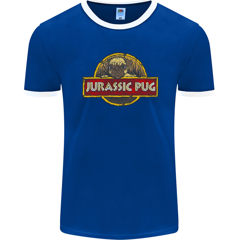 Jurassic Pug Funny Dog Movie Parody Mens Ringer T-Shirt FotL Royal Blue/White