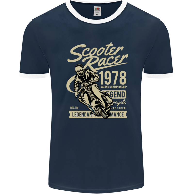 Scooter Racer Legend 1978 Motorbike Mens Ringer T-Shirt FotL Navy Blue/White