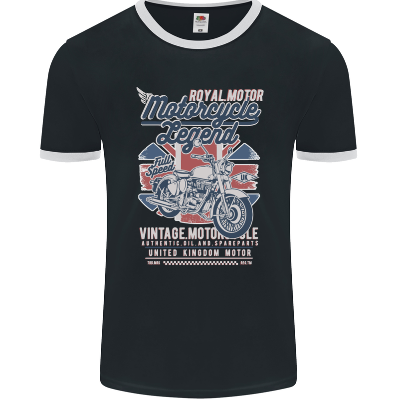 Motorcycle Legend Biker Union Jack British Mens Ringer T-Shirt FotL Black/White