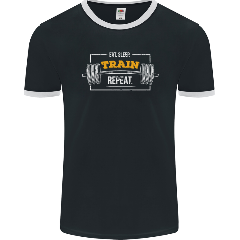 Eat Sleep Train Repeat Gym Training Top Mens Ringer T-Shirt FotL Black/White