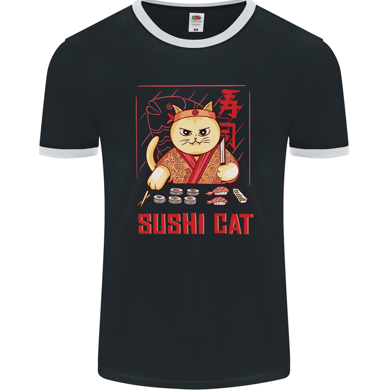 Funny Sushi Cat Food Fish Chef Japan Mens Ringer T-Shirt FotL Black/White