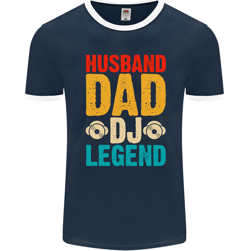 Husband Dad DJ Legend Fathers Day Mens Ringer T-Shirt FotL Navy Blue/White