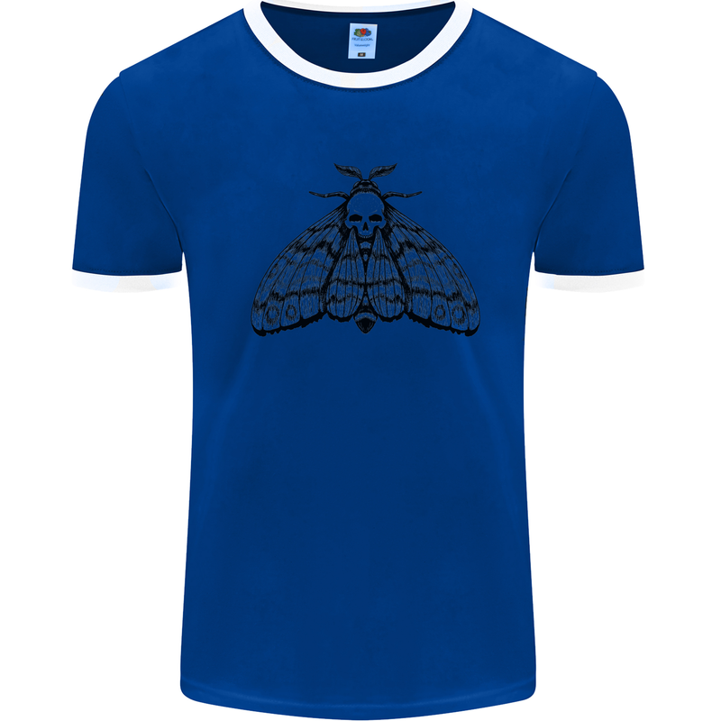 A Gothic Moth Skull Mens White Ringer T-Shirt Royal Blue/White