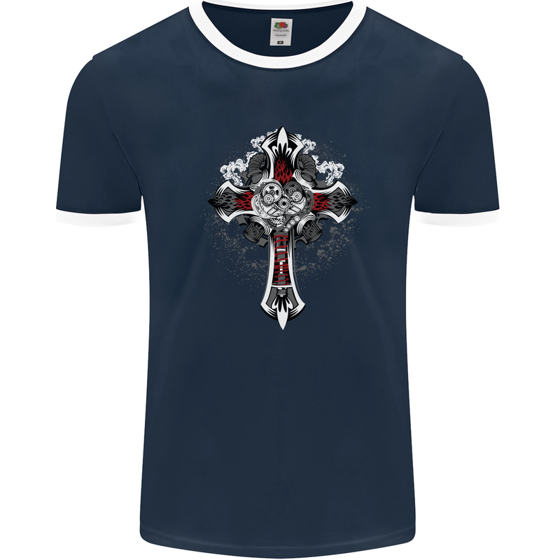 Steampunk Cross Gothic Heavy Metal Biker Mens Ringer T-Shirt FotL Navy Blue/White