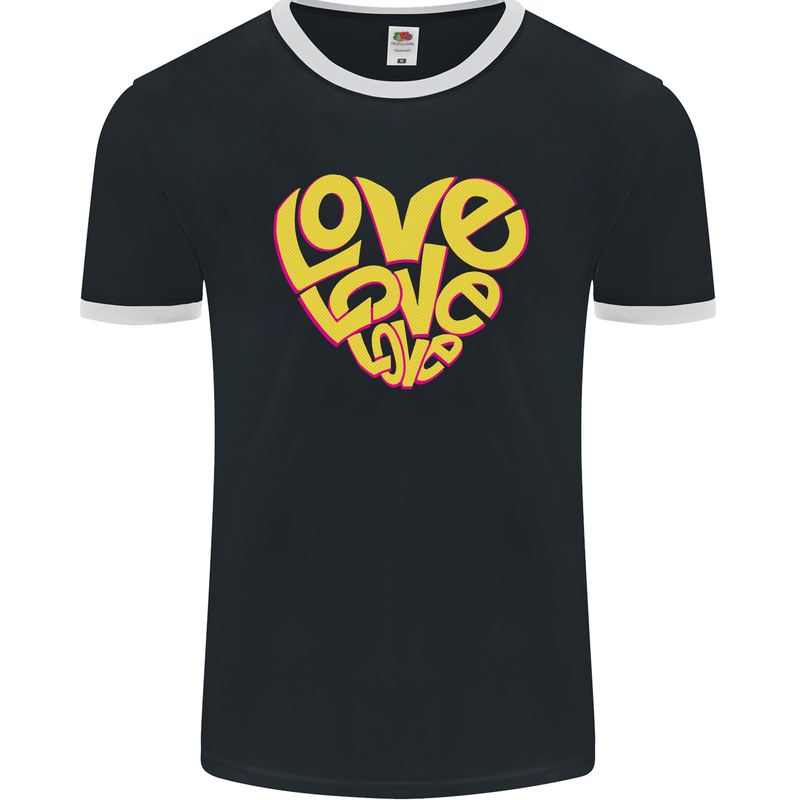 Love Word Art Heart Shape Anti-War Hippy Mens Ringer T-Shirt FotL Black/White