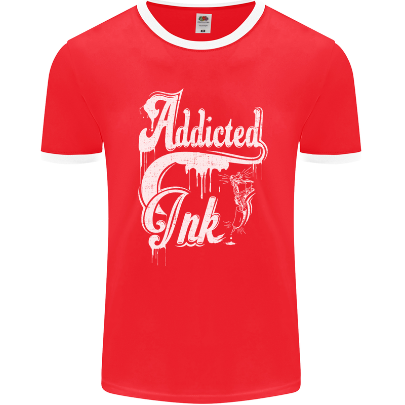 Addicted Ink Tattoo Tattooist Biker Art Mens Ringer T-Shirt FotL Red/White