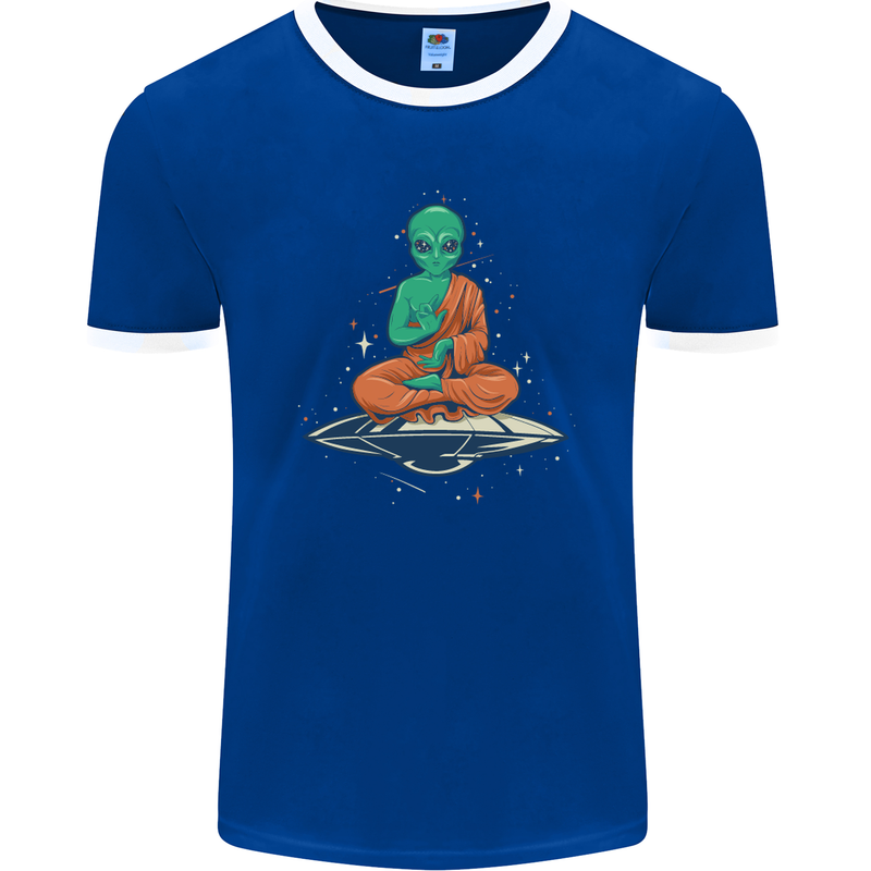 Meditating Alien UFO Yoga Mens Ringer T-Shirt FotL Royal Blue/White