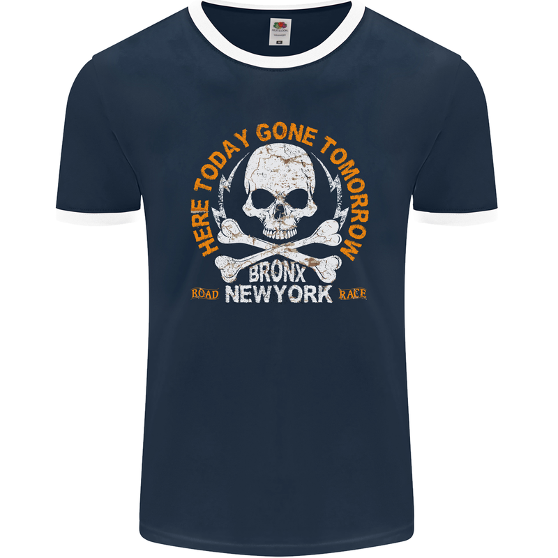 Biker Skull Here Today Motorbike Motorcycle Mens Ringer T-Shirt FotL Navy Blue/White