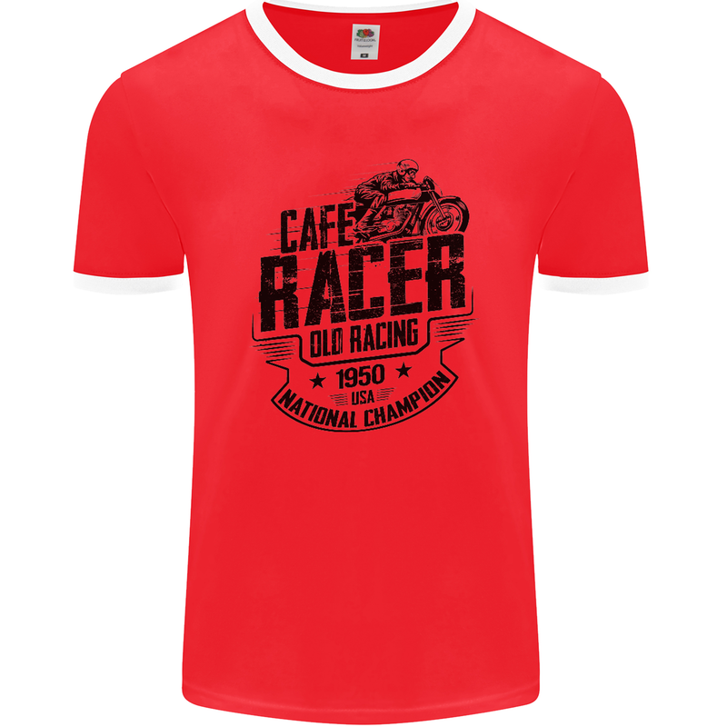 Cafe Racer Old Racing Motorcycle Biker Mens Ringer T-Shirt FotL Red/White