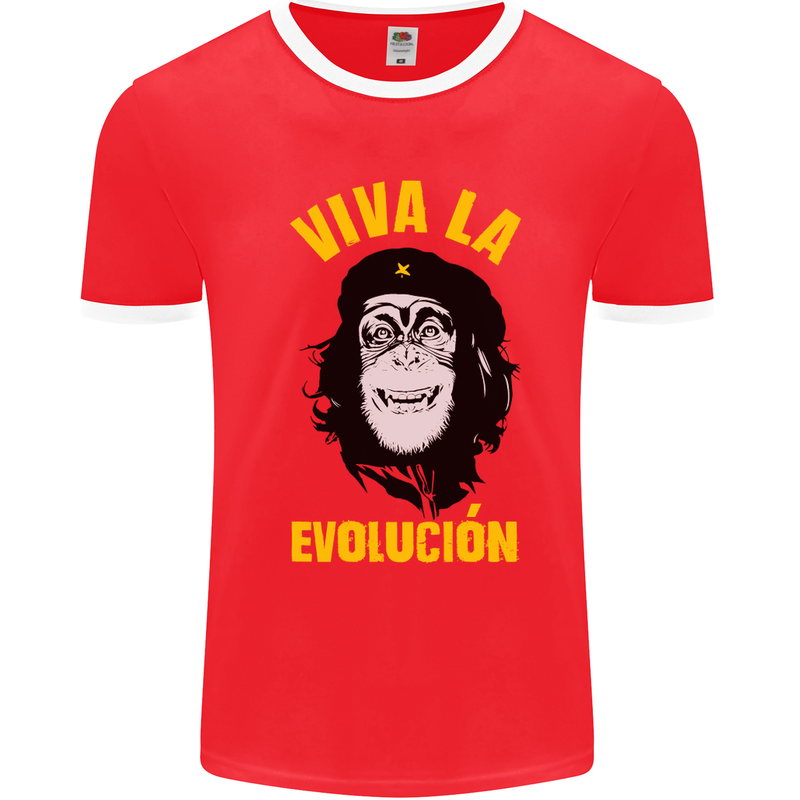 Funny Che Guevara Evolution Monkey Atheist Mens White Ringer T-Shirt Red/White