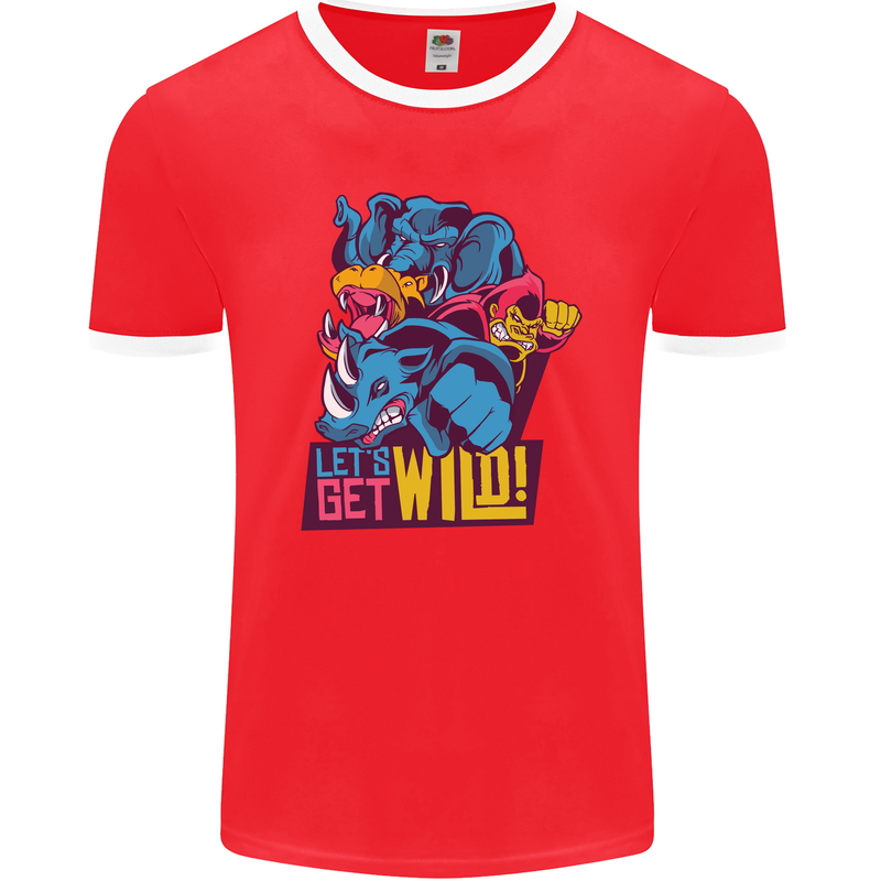 Lets Get Wild Rhino Gorilla Elephant Hippo Mens Ringer T-Shirt FotL Red/White