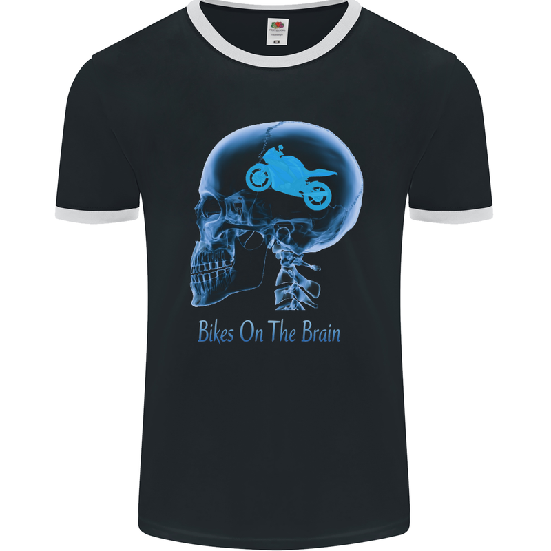 Bikes on the Brain Funny Motorbike Biker Mens Ringer T-Shirt FotL Black/White