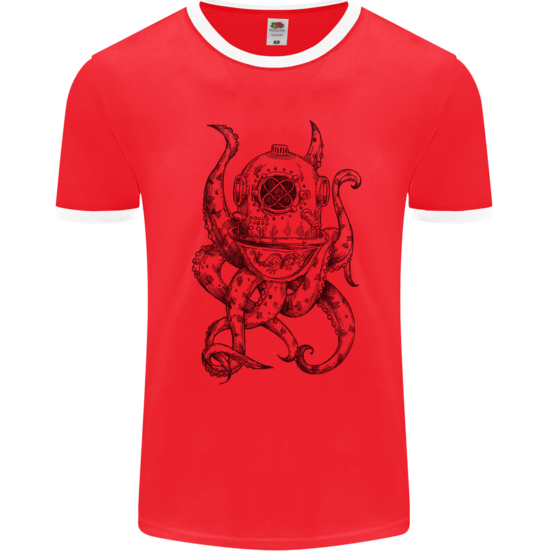 Steampunk Octopus Kraken Cthulhu Mens Ringer T-Shirt FotL Red/White