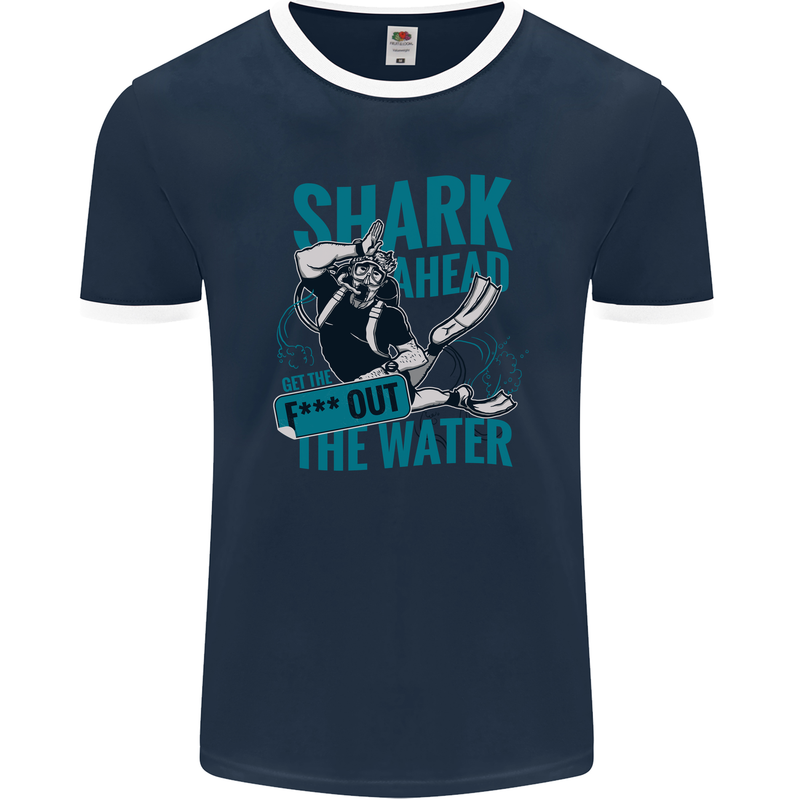 Shark Ahead Funny Diver Scuba Diving Mens Ringer T-Shirt FotL Navy Blue/White