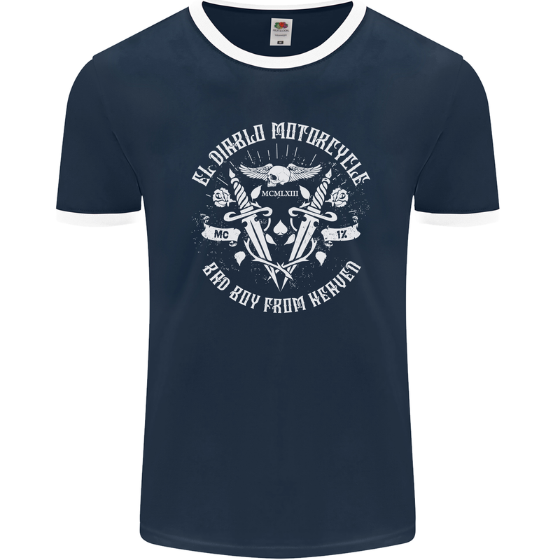 El Diablo Motorcycle Biker Motorbike Mens Ringer T-Shirt FotL Navy Blue/White