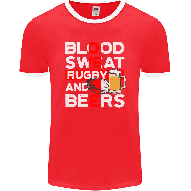 Blood Sweat Rugby and Beers England Funny Mens Ringer T-Shirt FotL Red/White