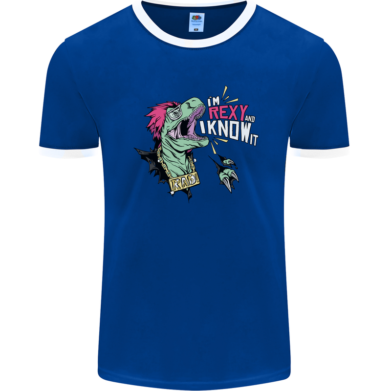 Dinosaurs T-Rex I'm Rexy and I Know It Sexy Mens Ringer T-Shirt FotL Royal Blue/White