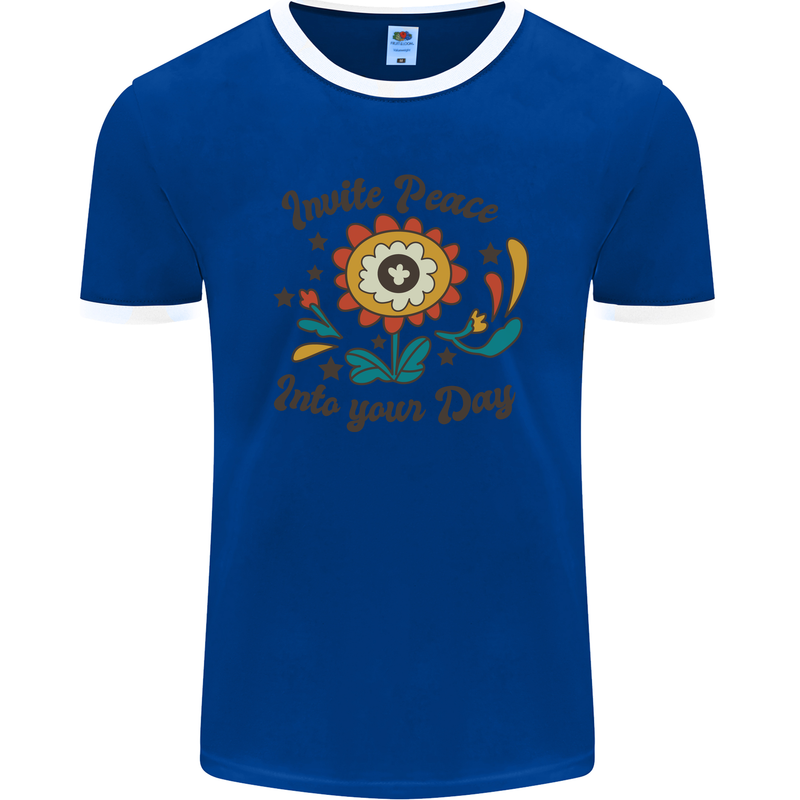 Invite Peace Day Hippy Flower Power Funny Mens Ringer T-Shirt FotL Royal Blue/White