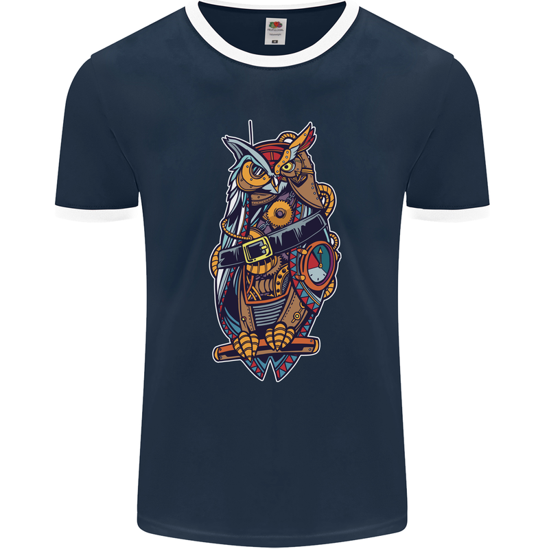 Funny Steampunk Pirate Owl Mens Ringer T-Shirt FotL Navy Blue/White