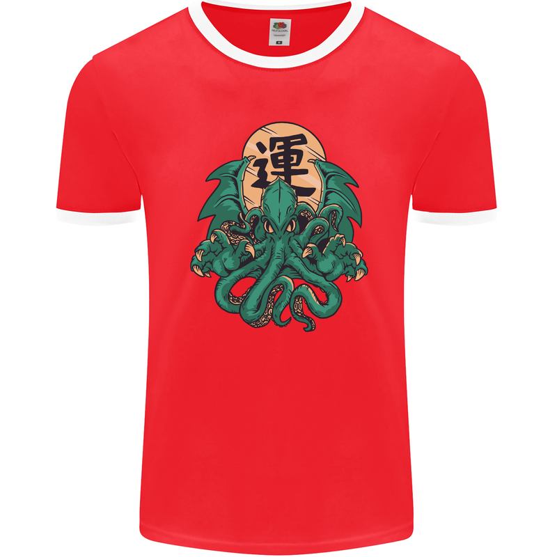 Cthulhu Monster Kraken Mens Ringer T-Shirt FotL Red/White