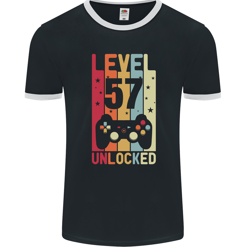 57th Birthday 57 Year Old Level Up Gamming Mens Ringer T-Shirt FotL Black/White