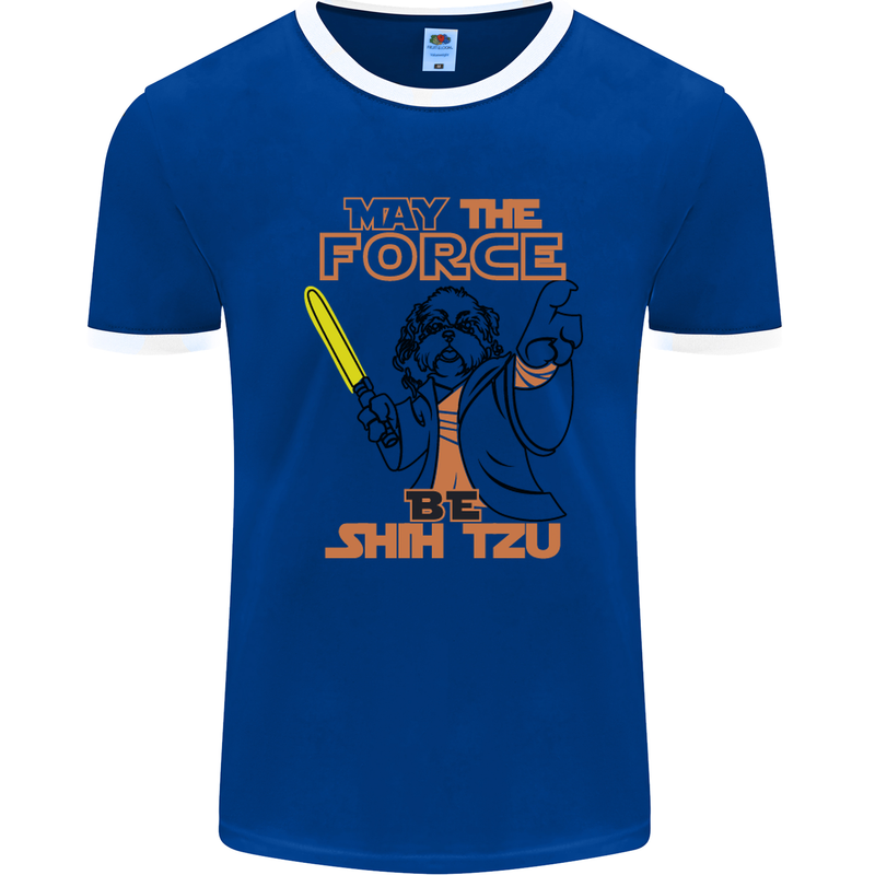 May the Force Be Shih Tzu Dog Funny Mens White Ringer T-Shirt Royal Blue/White