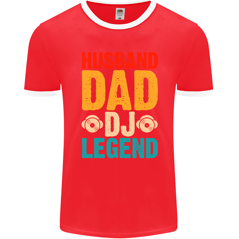 Husband Dad DJ Legend Fathers Day Mens Ringer T-Shirt FotL Red/White