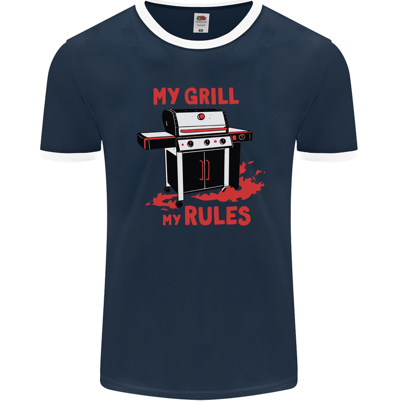 My Grill My Rules Funny BBQ Mens Ringer T-Shirt FotL Navy Blue/White